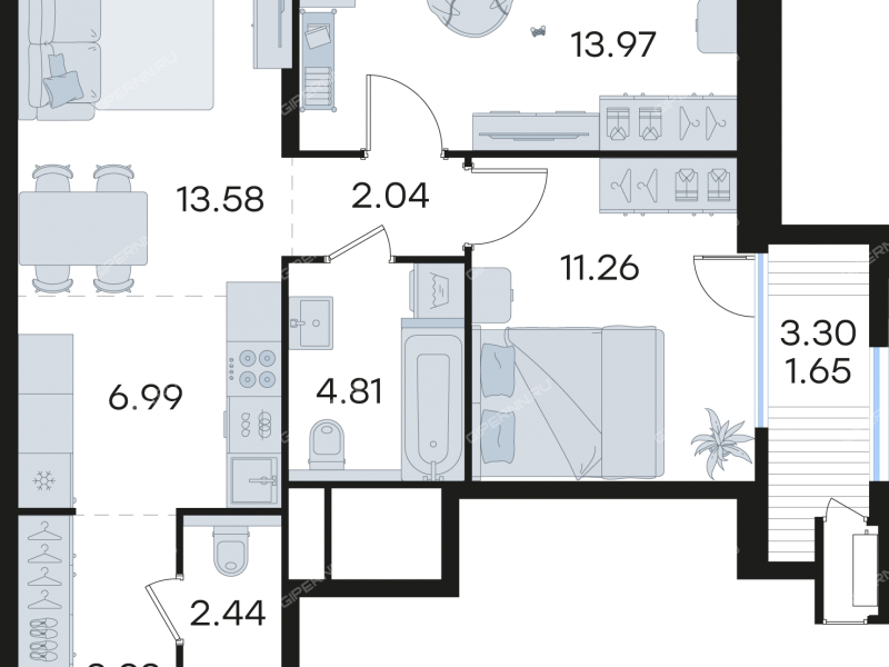 двухкомнатная квартира на  ул. Гаршина, д. 40, к1.1.5